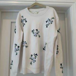 Description: Club Monaco - White Crewneck Sweater with Flower Embroidery.